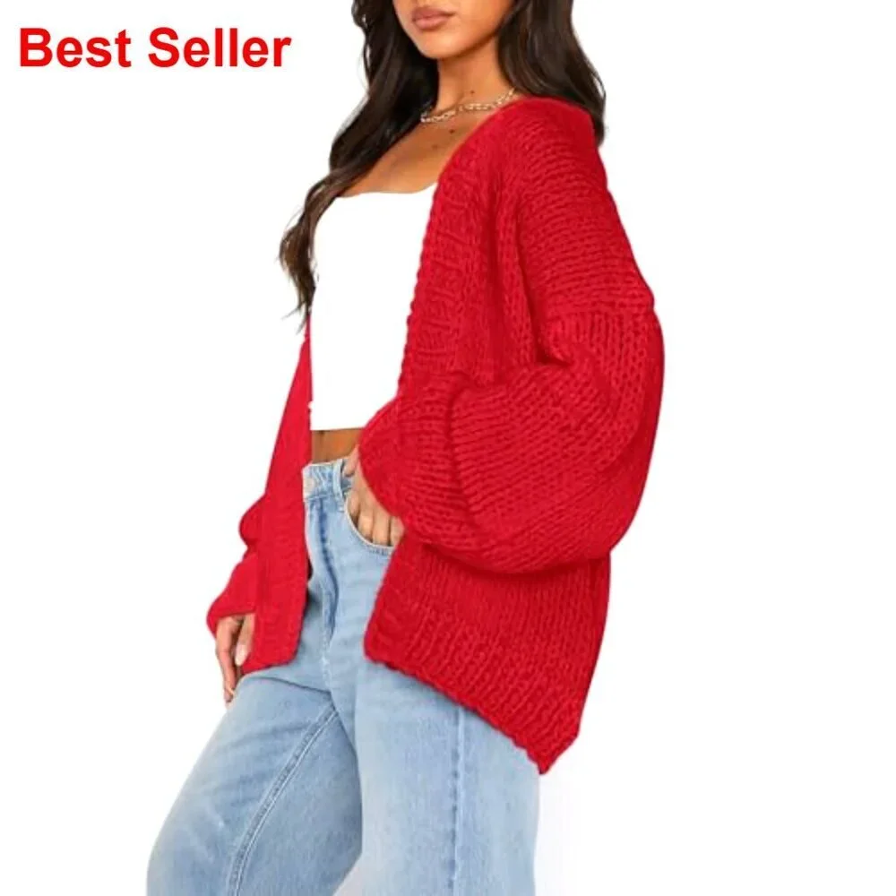Chunky Knit Cardigan Sweater Long Sleeve Open Front Shawl Collar Loose Fit
